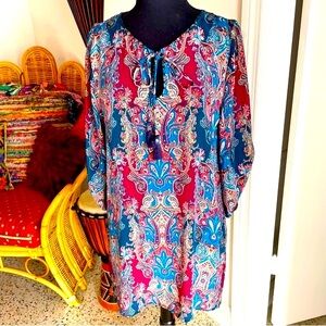 TOLANI NEW! Silk Burgundy Blue Print Dress! Excellent. Long Sleeve. Med